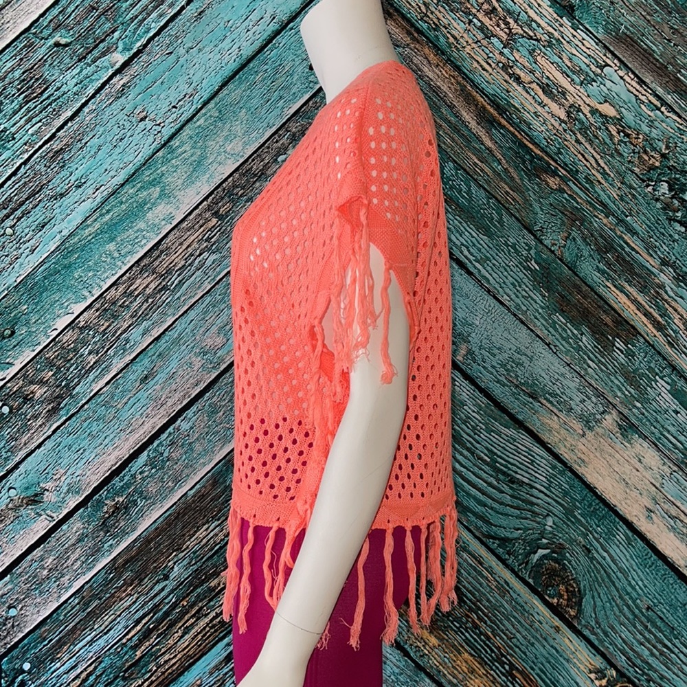 NWOT Coral Orange Pullover Crochet Poncho with Fringe - Picture 6 of 6